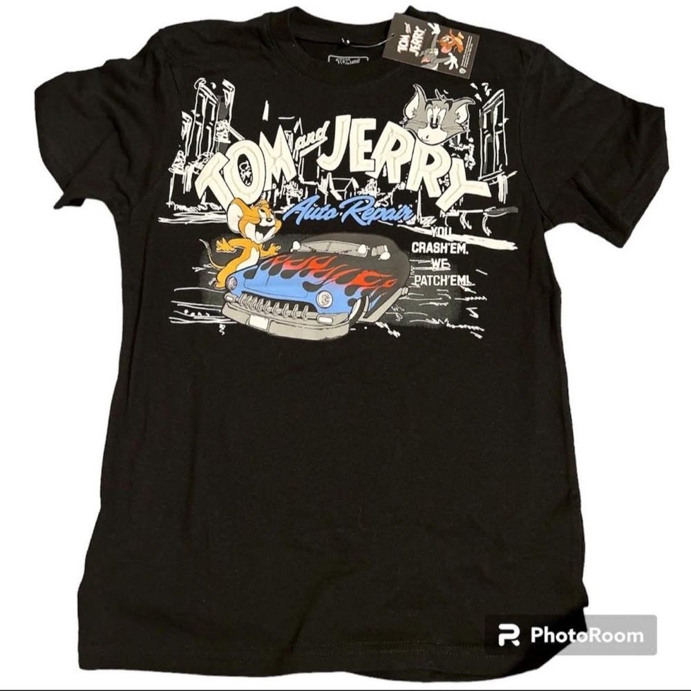 Tom and Jerry Auto Repair Graphic T Shirt NWT Black Hot Rod Car Mens Size 8